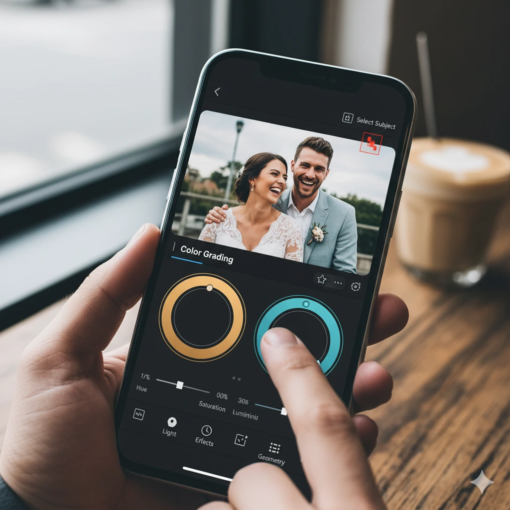  Close-up of Lightroom Mobile Color Grading wheels being used to adjust color balance on a wedding photo