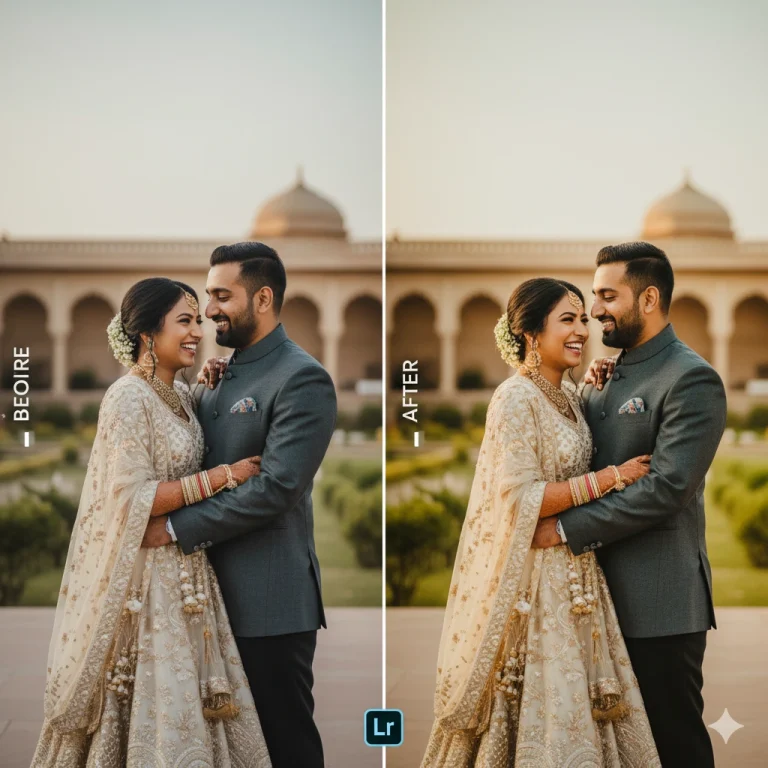 Before and After comparison of a wedding photo showing the dramatic color and tone improvements made in Lightroom.