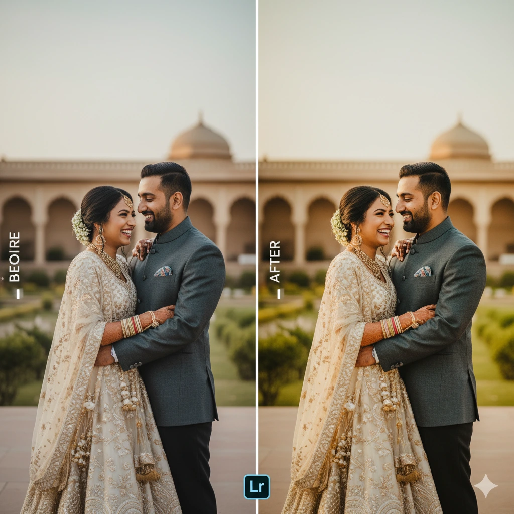 Before and After comparison of a wedding photo showing the dramatic color and tone improvements made in Lightroom.