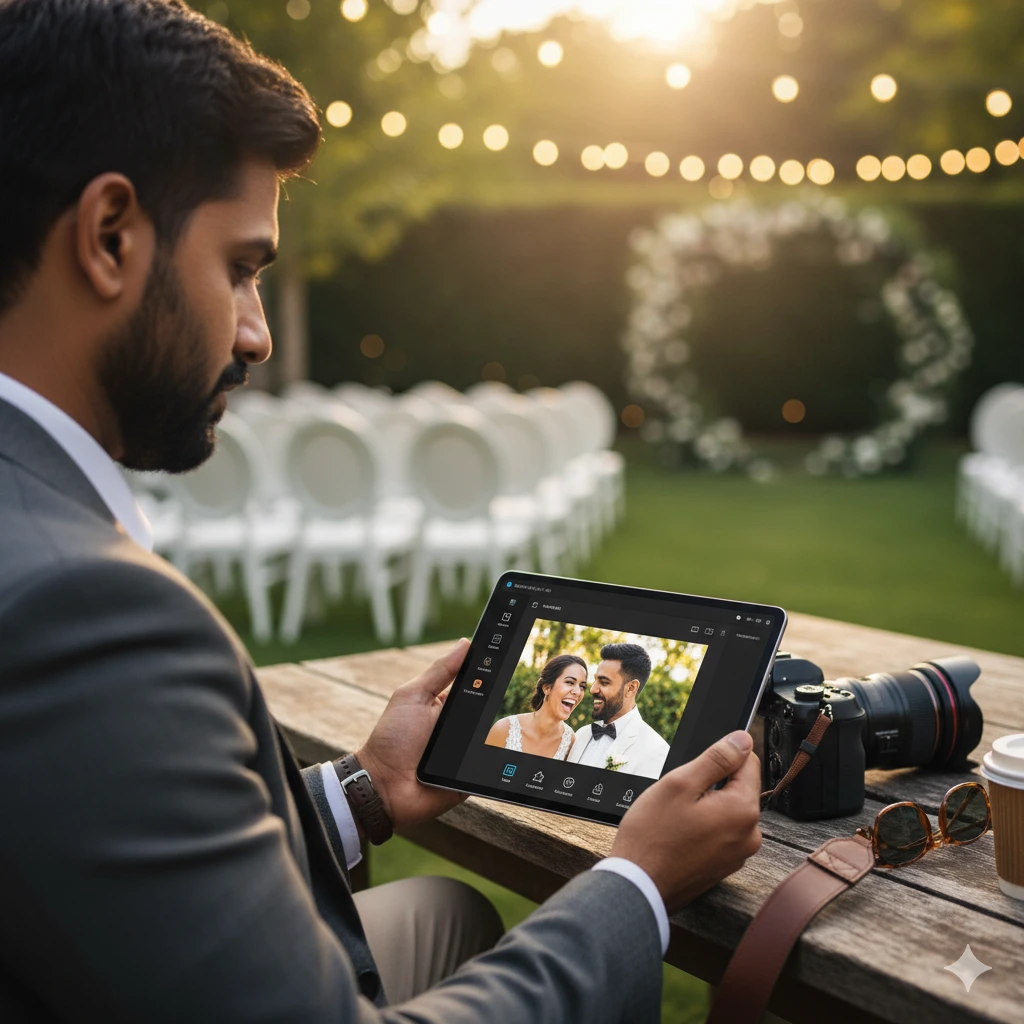 Professional photographer using Lightroom Mobile to edit wedding photos outdoors.